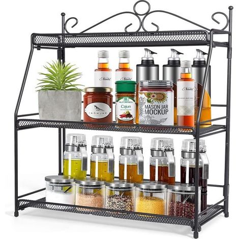 Support à épices 3 niveaux, présentoir pliable pour bocaux, étagère de cuisine compacte, organiseur d'épices métallique noir, rangement mural ou plan de travail