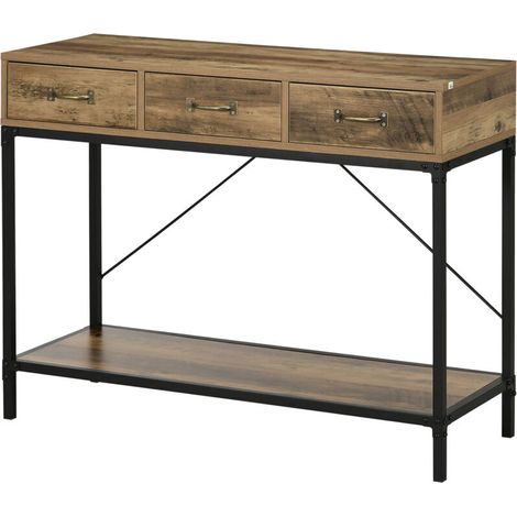 Table console table d'appoint d'entrée industriel 3 tiroirs 1 plateau aspect bois 100 x 35 x 76,5 cm marron clair noir (1/5)