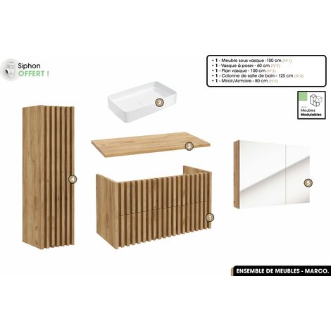 Ensemble complet de salle de bain - Meuble - Colonne - Miroir - Vasque à poser avec Siphon OFFERT MARCO Oak 100 x 56 x 45 cm (1/5)