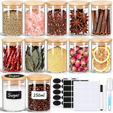 Lot de 12 pots à épices vides en verre avec couvercles en bambou, 250 ml avec étiquettes, petits pots d'assaisonnement hermétiques pour sel, poivre, poudre de piment, sucre, thé en vrac (1/5)
