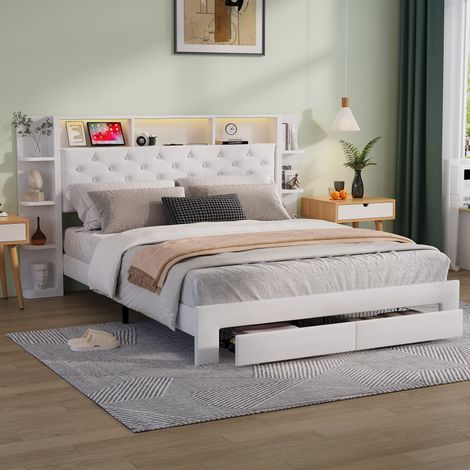 Lit 160 x 200 cm avec tête de lit et sommier, lit 2 Personnes avec 2 tiroirs et ports USB, cadre de lit LED 160x200, Velours, Blanc (1/5)