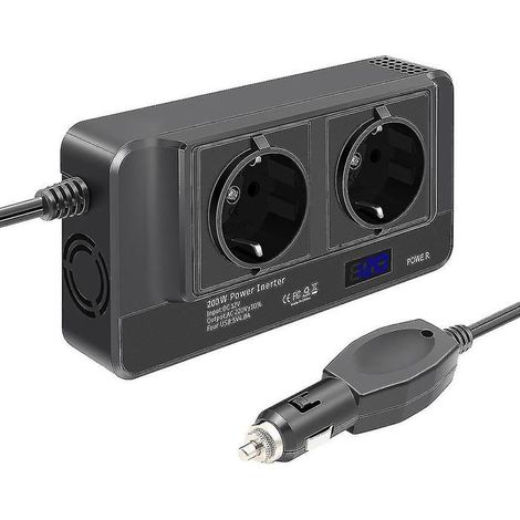 200-W-Kfz-Wechselrichter, 12-V-auf-220-V-Spannungswandler mit intelligenter LCD-Zeitanzeige, 2 Steckdosen und 4 USB-C-Anschlüssen (1/4)