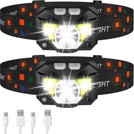 Set of 2 waterproof, motion-activated, ultra-lightweight, rechargeable LED headlamps with white and red light, 8 modes for camping, hiking, and fishing. (1/5)