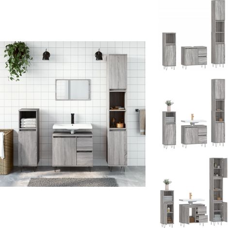 3-tlg. Badmöbel-Set Grau Sonoma Holzwerkstoff - Badmöbel - Badezimmermöbel - Badschränke - Holzwerkstoff - Graue Möbel (1/5)