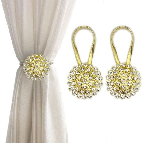 Embrasses magnétiques pour rideaux, paquet de 2 embrasses de rideaux à fleurs en cristal scintillant Clips de boucle de rideau (jaune et blanc)