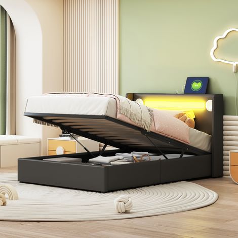 Lit enfant 90x200 avec tête de lit LED, enceinte Bluetooth, charge USB, rangement en cuir PU, coffre intégré, sommier inclus, chambre ado (1/5)