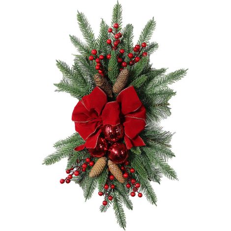 SJLERST Couronne décorative de Noël pour escalier, 60 x 30 cm, avec nœud rouge, décorations en forme d'écailles de poisson et de baies, décoration murale floconnée de Noël à suspendre (1/5)