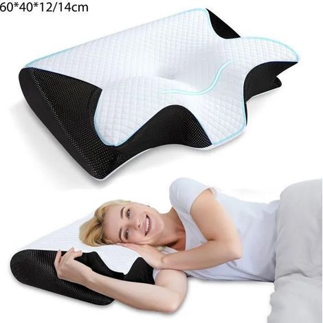 Oreillers à Mémoire de Forme, Ergonomique Cervical, pour Dormir sur Le Côté et sur Le Dos, 60x40x12/14cm, Noir (1/5)