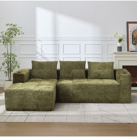 Sofá en L con portavasos 258 cm de chenilla OKMYHOME (1/5)