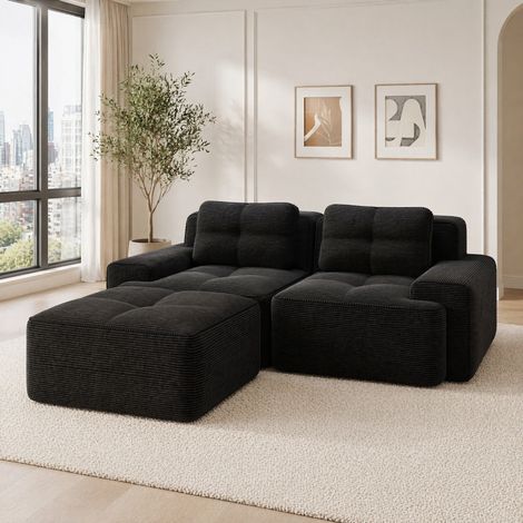 Divano modulare 204/177/69 cm in nero in corduroy, stile moderno e seduta profonda (1/5)