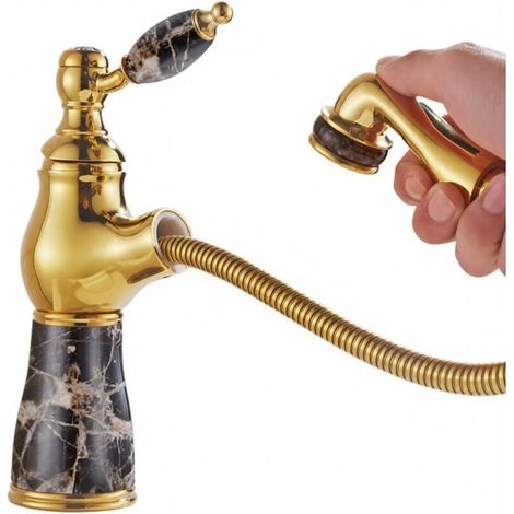 Single-hole basin mixer tap with pull-out spray head and single handle – aged bronze and gold finish, deck-mounted