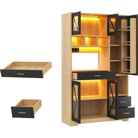 Armoire de cuisine style grange, grande armoire de rangement et vitrine avec étagères réglables, tiroir, éclairage LED changeant de couleur et prises, 185 × 105 × 40 cm (1/5)