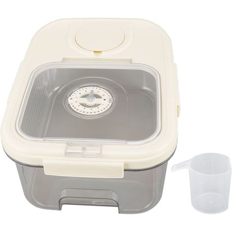 Boîte de rangement pour riz, sec et alimentaire, récipient hermétique avec mesureur, idéal pour céréales, farine, petit, blanc crème. (1/5)