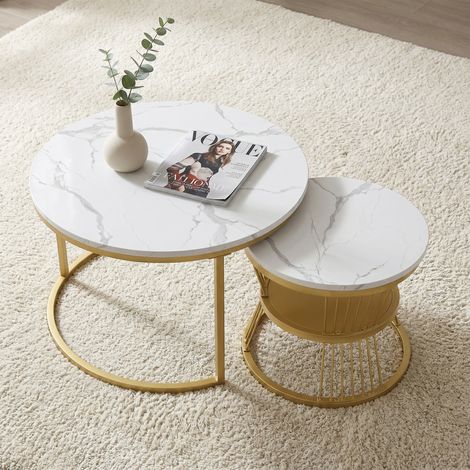 ADWOLT Table Basse Scandinave-Lot de 2 Tables basses gigognes-Ø70 cm et Ø45 cm- Table d'appoint Ronde-Marbre et Pieds Métal- Blanc et doré