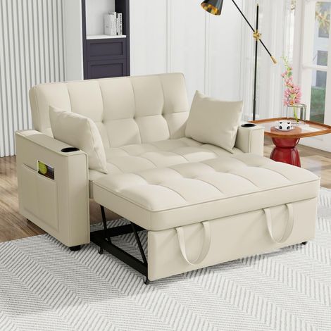 Canapé 2 Places Convertible en Lit, Canapé-Lit Multifonction, Dossier Réglable, avec Porte-Gobelets et Coussins, Fauteuil Lounge 2 Places, Idéal Salon, Chambre et Home Cinéma, Velours Beige