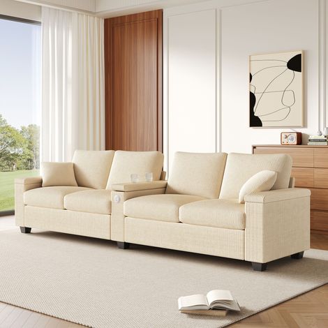 Sofá de pana de 4 plazas, sofá recto con puertos USB/USB-C y reposabrazos central abatible, almacenamiento integrado, color beige (1/5)