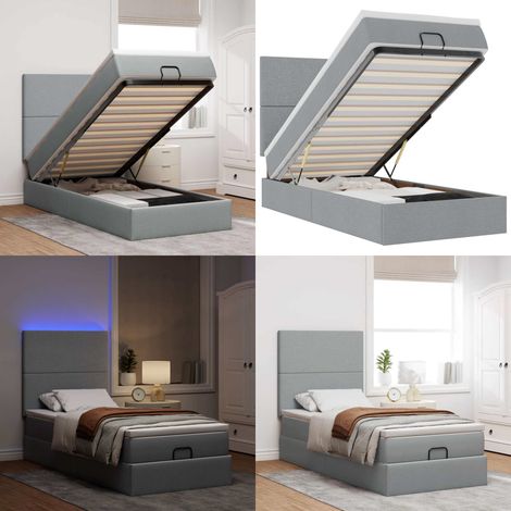 vidaXL Ottoman-Bett mit Matratze & LEDs Hellgrau 100x200 cm Stoff (1/5)