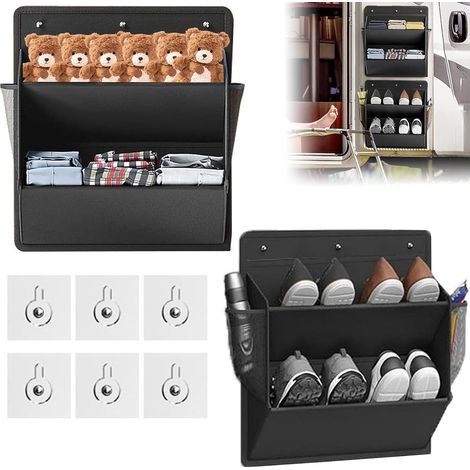 Lot de 2 Range Chaussures avec Ruban Adhésives, Murale Étagère Profondes Poches Grandes, Rangement Chaussure Suspendu Gain Place, Organisateur pour Porte Camping Car & Placard (Noir) (1/5)