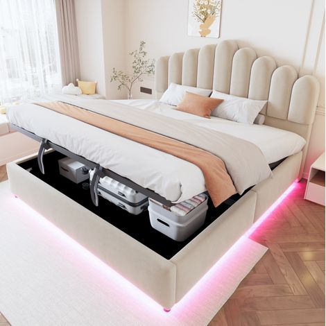 Lit coffre 180x200 cm avec rangement hydraulique, LED et tête de lit rembourrée, velours - beige (1/5)