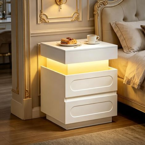Mesita de noche con estación de carga - 45x40x58 cm - mesa auxiliar para dormitorio con led y 2 cajones - madera moderna - blanco (1/5)