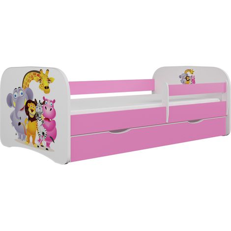 Lit enfant rose Zoo avec sommiers et barrière de sécurité amovible Drimy-Matelas mousse-80x160-Tiroirs Avec tiroir (1/5)