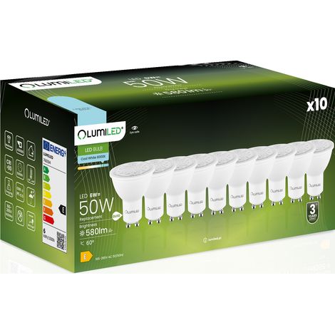 10 lampadine LED GU10 Spotlight PAR16 6W = 50W 580lm 6500K Luce fredda 24° 36° 60° LUMILED