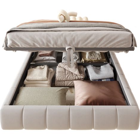 CHICFURN Lit coffre tapisse sans tete de lit avec eclairage LED blanc et cadre hydraulique 140 x 200 Beige (1/5)