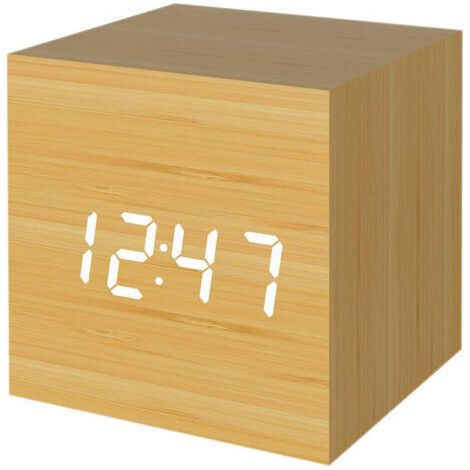 Réveil numérique, lumière LED en bois Mini réveil de bureau cube moderne affiche heure date température pour enfants, chambres, maison, dortoir, style de voyage, Ensoleillé (1/5)