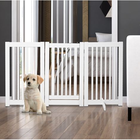 Barrière de sécurité pour chien 155x35,5x76 cm en bois blanc, pliable, pour intérieur – MEUBLIV (1/5)