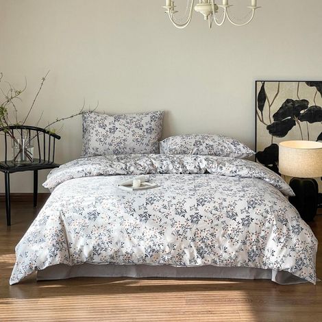 Bettwäsche-Set 155x220 cm mit 2 Kissenbezügen 80x80 cm, 100% Baumwolle, Blumenmuster, Weiß/Blau