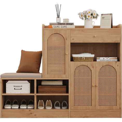 Scarpiera con 3 Ante in Rattan, 1 Cassetto, 4 Vani e Panca Imbottita per Ingresso, in Pannelli di Particelle 142 x 35 x 110 cm, Naturale (1/5)