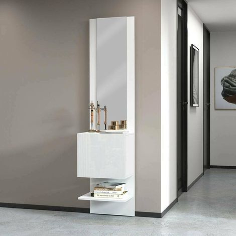 Meuble d'entrée Vitale, Armoire multifonctionnelle avec Miroir, Étagère à Chaussures avec 1 Porte, 45x35h190 cm, Blanc (1/5)