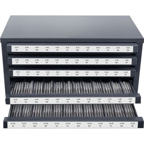 Distributeur de tarauds, armoire à 5 tiroirs pour tarauds 2-56 à 12-28, 60 compartiments empilables avec étiquettes. (1/5)