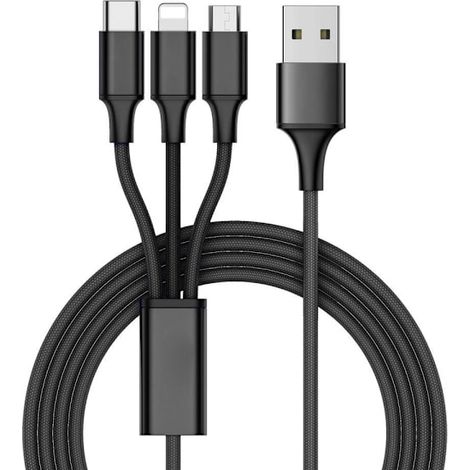 Chargeur - Câble de charge multiple 3 en 1, USB-C, Micro-USB, iPhone - 1,2 m Noir (1/5)