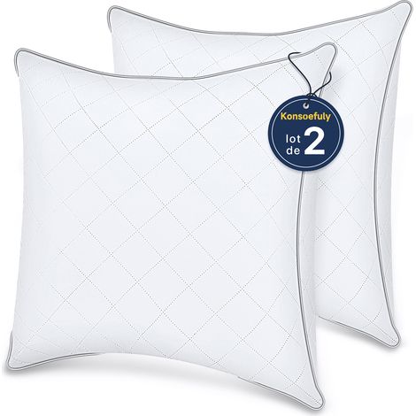 Lot de 2 Oreillers 60x60 cm Konsoefuly, Souples, Garnissage Polyester Haute Résilience, Respirant, Anti-acariens, Confort Optimal Toute l'Année