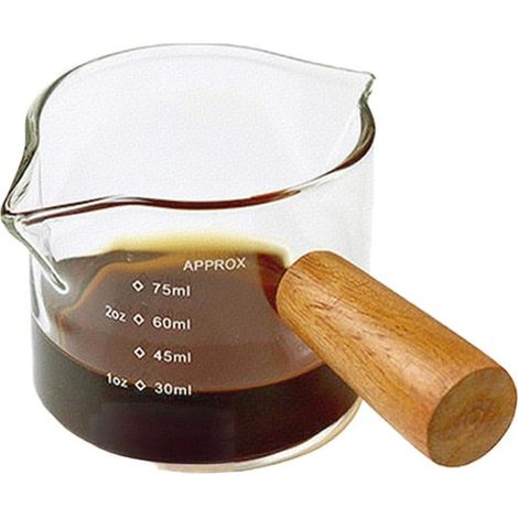 Tazzina da caffè espresso monoblocco con doppio beccuccio, manico in legno, beccuccio a V, misurino in vetro trasparente da 75 ml, montalatte, per utenti mancini. (1/4)