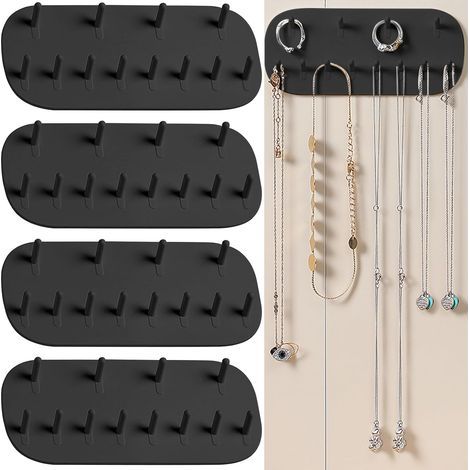 Necklace Hooks, 4-Piece Jewelry Organizer Box with 12 Holes, Reusable Wall Hook for Storing Jewelry, Suitable for Earrings and Necklaces (Black) (1/5)