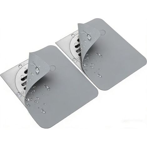 Lot de 2 couvercles de siphon de sol 20 x 20 cm – En silicone avec siphon anti-odeurs, antidérapants et anti-odeurs pour douche, cuisine, salle de bain et toilettes, gris (1/5)