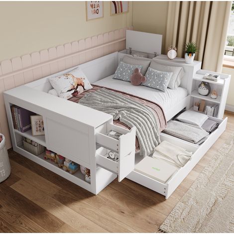 Lit 140x200 avec tiroir et rangements MDF blanc HAVRYA (1/5)