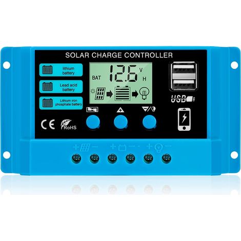 Controlador de carga de 30A 12V/24V Regulador de carga de panel solar inteligente con pantalla LCD y puerto USB de 5V/3A Adecuado para diferentes tipos de baterías Fácil de usar (1/5)