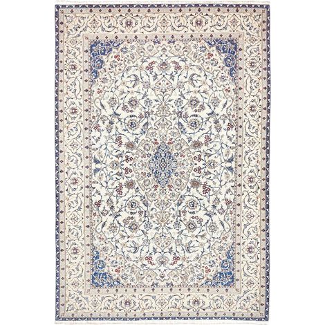 Tapis d'orient 214 x 317 cm, motif oriental, crème, bleu et rouge, laine et soie, artisanal noué à la main (1/5)