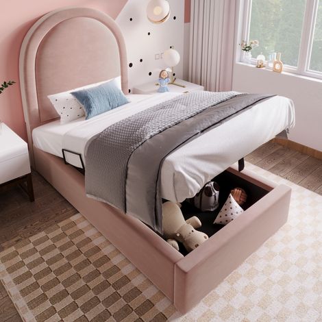 Lit coffre enfant 90 x 200 cm en velours rose avec matelas, tête de lit arrondie et rangement (1/5)