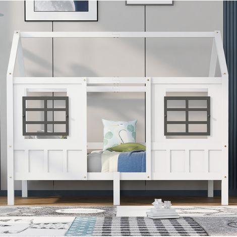 Cama infantil de madera maciza blanca 200x90 cm con forma de casa, 2 ventanas y somier de láminas (1/5)