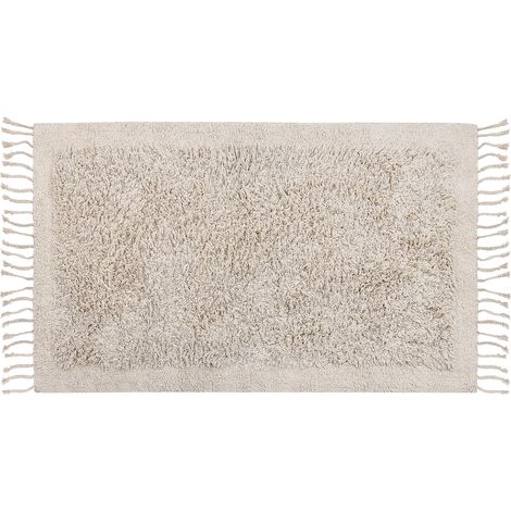 Alfombra de algodón beige claro 80 x 150 cm pelo largo borlas boho moderno Bitlis (1/5)