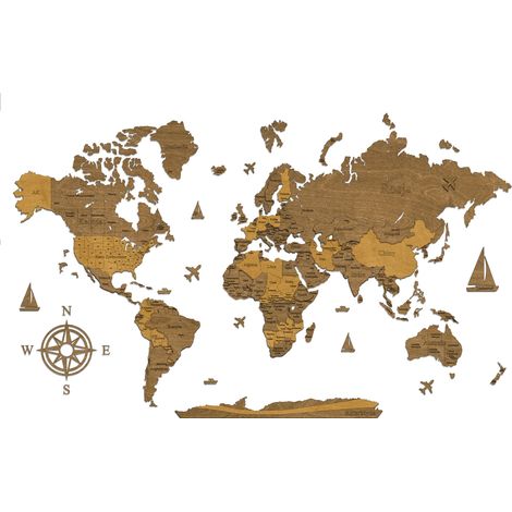 Carte du monde 3D en bois, motif XII, bordures + noms des pays, 90 x 56 cm (1/5)