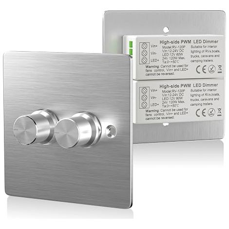 Dimmer 12 V, DC12 V-24 V Double LED Dimmer, 120 W 5 A PWM RV Dimmer Switch LED 2Gang Rotary Switch for 12 V LED Lights in Campers/Boats/Trucks - Silver (1/5)