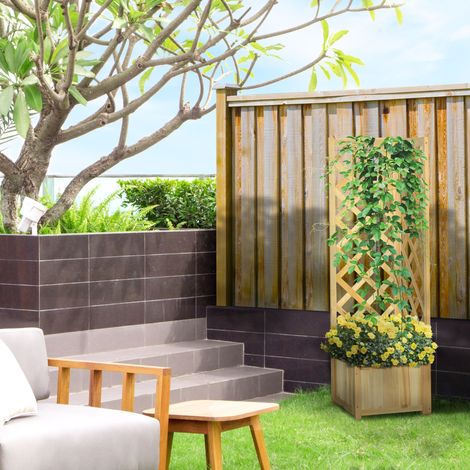 Jardinière treillis en bois, jardinière d'angle extérieure pour plantes grimpantes, 40 x 40 x 145 cm, naturelle