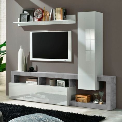 Parete attrezzata Little linea Frame in Bianco Lucido e Cemento (1/3)