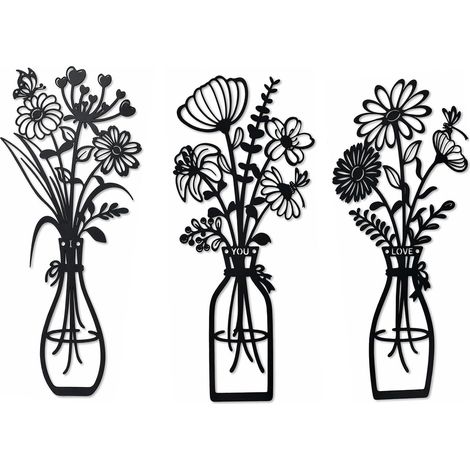 3 Pièces Décoration Mural avec Fleurs en Métal, Suspendu Art Mural en Fer, Sculpture Murale en Métal Noir, Déco Murale Noire Moderne en Forme de Vases à Fleurs pour Salon Chambre Couloir (1/5)