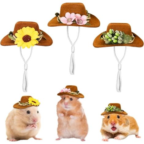Ensemble 3 pièces pour hamster, poule, mini chapeau de cowboy, chapeau fleuri marron pour cochon d'Inde, couverture, petit chapeau mignon pour animaux de compagnie, vêtements, accessoires de déguiseme (1/5)
